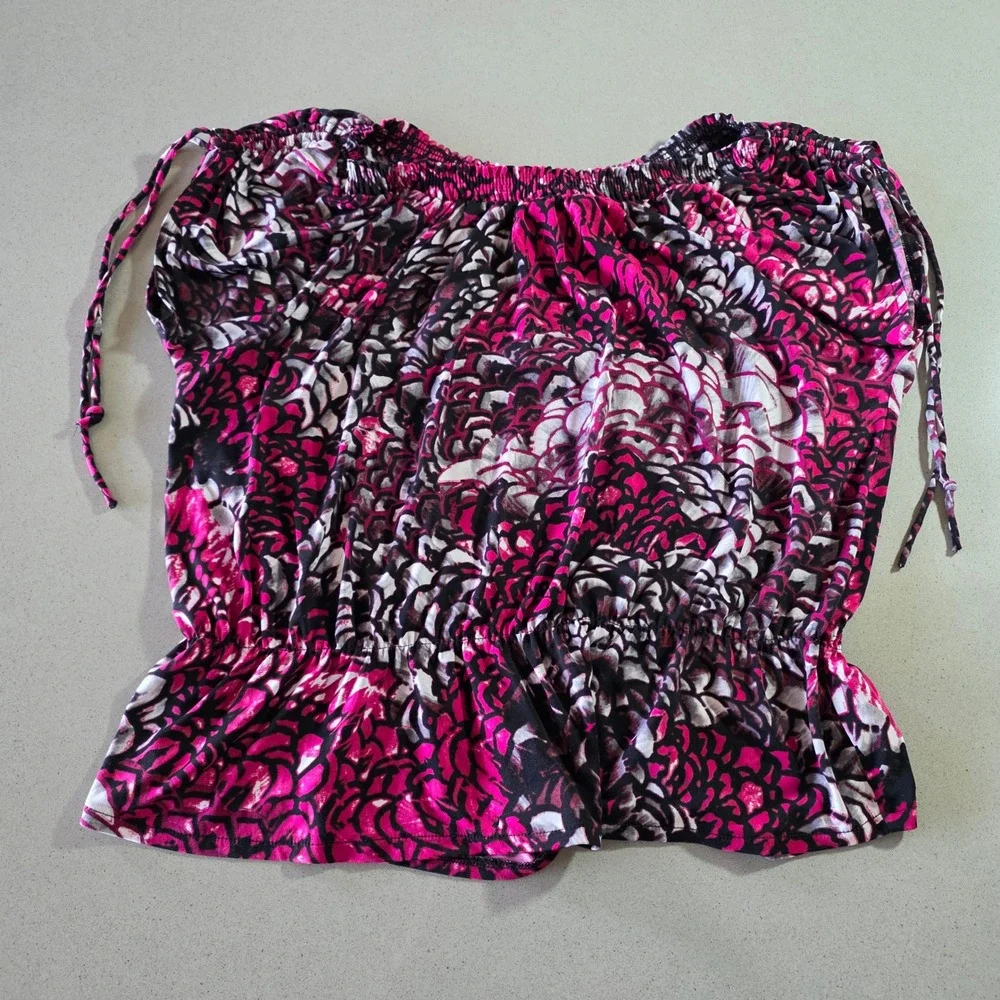 Worthington Stretch Pink Abstract Floral Smocked Blouse XL Off Shoulder Top